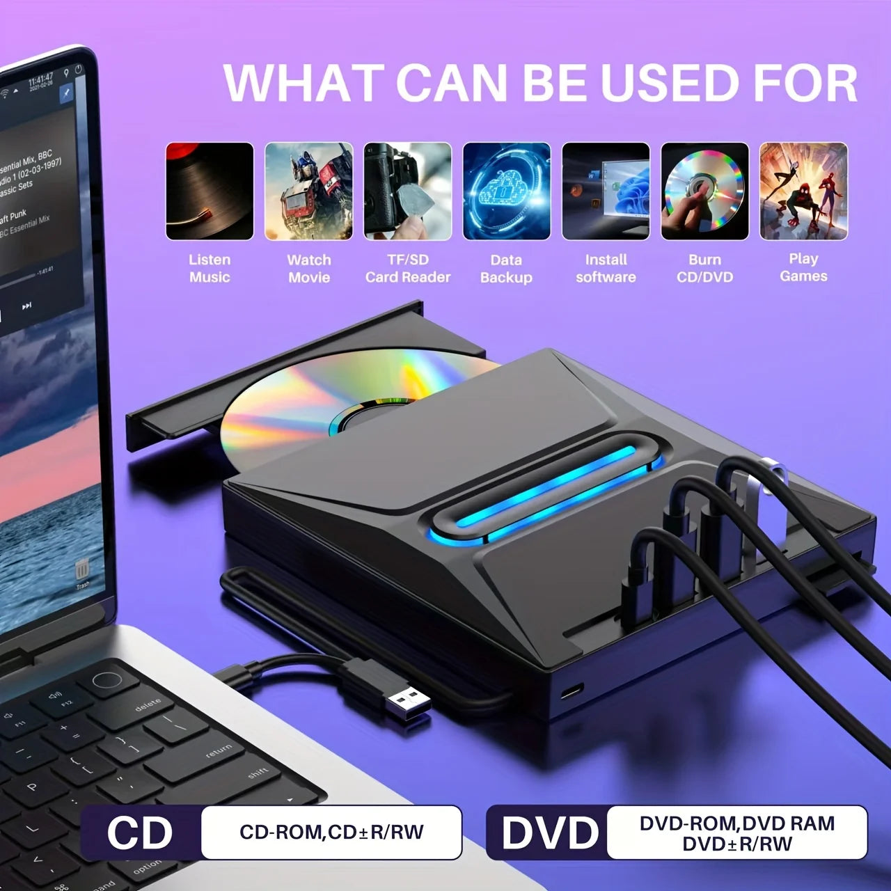New Luminous USB 3.0 External CD DVD Drive with Reader