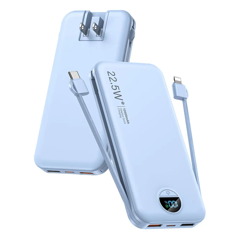 Portable 12000mAh Power Bank with Built-in Cables