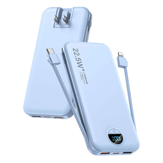 Portable 12000mAh Power Bank with Built-in Cables