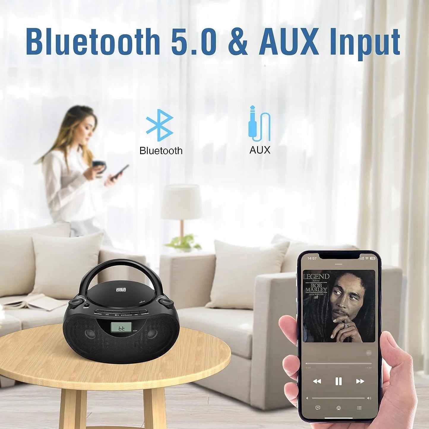Portable Stereo CD Player Boombox with AM/FM Radio, Bluetooth, USB, AUX-in, Headphone Jack, CD-R/RW and MP3 CDs Compatible for All Music