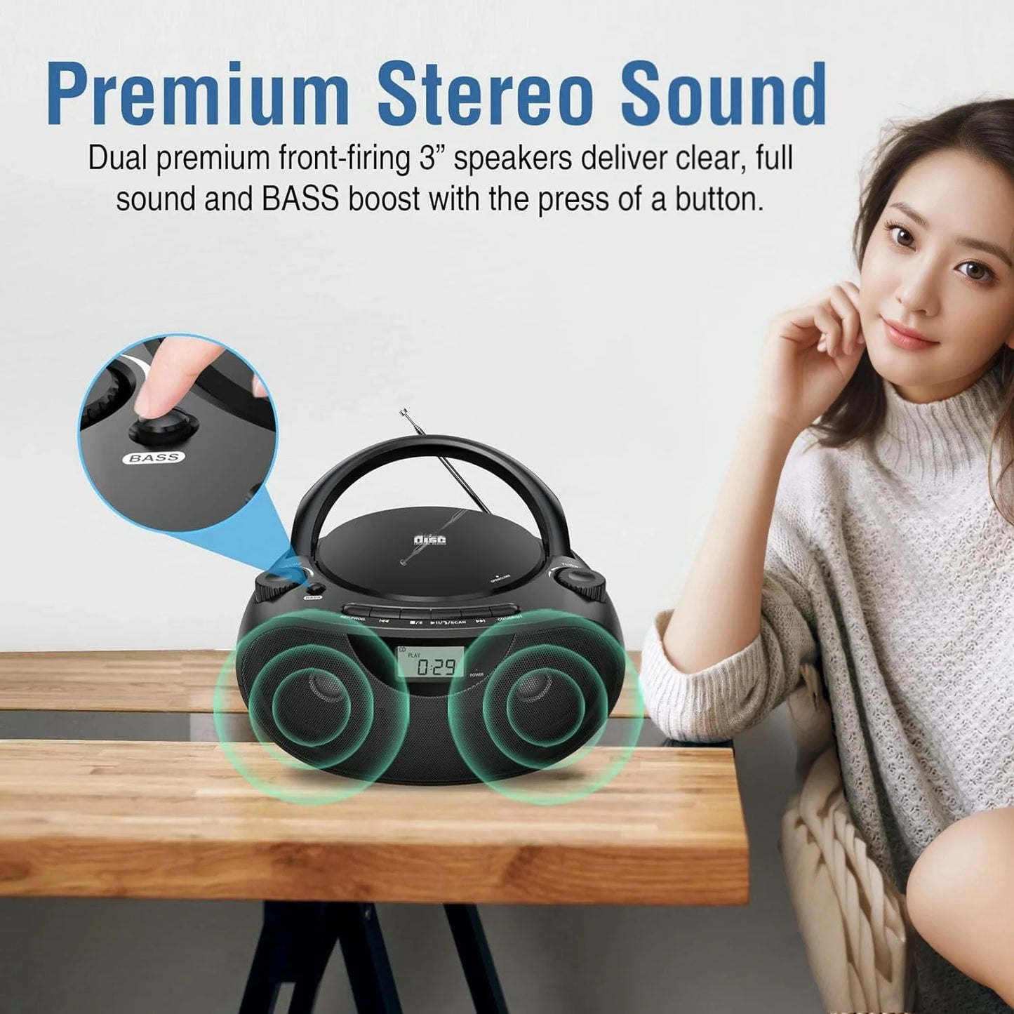 Portable Stereo CD Player Boombox with AM/FM Radio, Bluetooth, USB, AUX-in, Headphone Jack, CD-R/RW and MP3 CDs Compatible for All Music