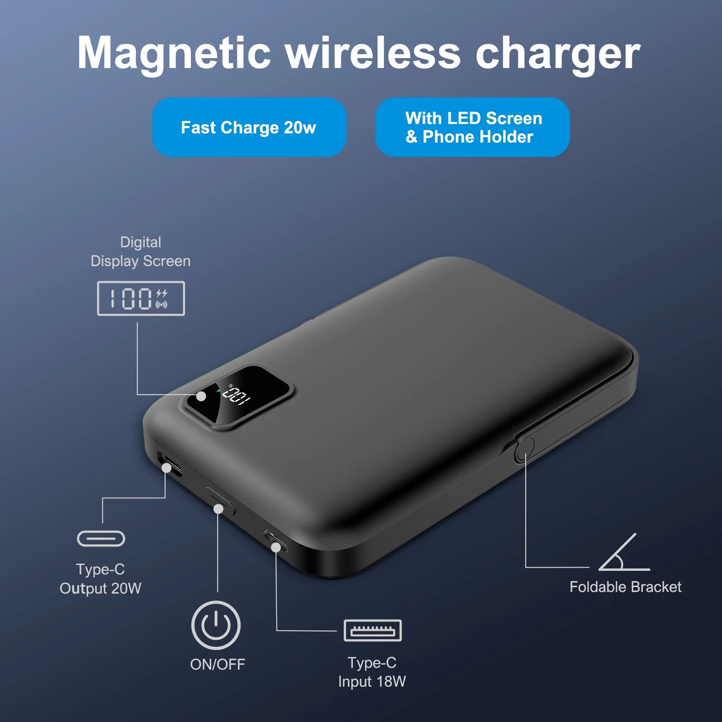 Magnetic 10000mAh Wireless Charger Power Bank 20W Fast