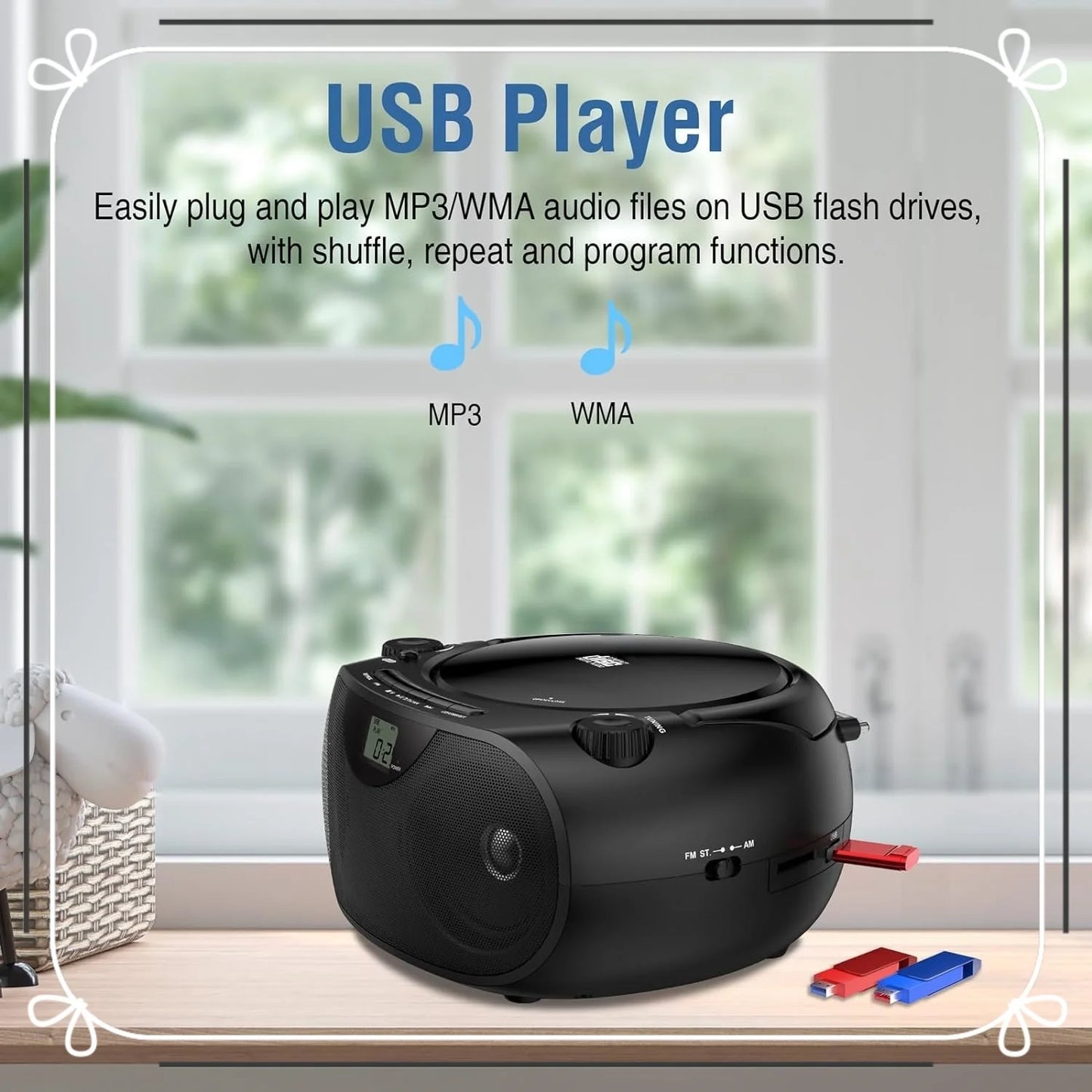 Portable Stereo CD Player Boombox with AM/FM Radio, Bluetooth, USB, AUX-in, Headphone Jack, CD-R/RW and MP3 CDs Compatible for All Music