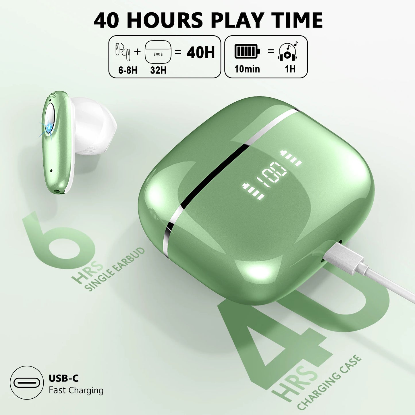 DRSAEC Wireless Earbuds, Bluetooth 5.3, 4 ENC Noise Canceling Mic, 40H LED Display Charging Case, IP7 Waterproof in-Ear Earbuds.