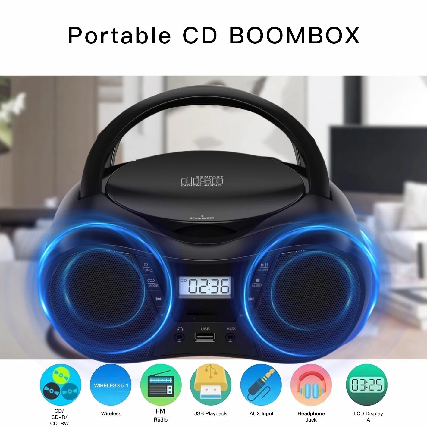 Portable CD Player with Bluetooth, FM Radio and Speakers