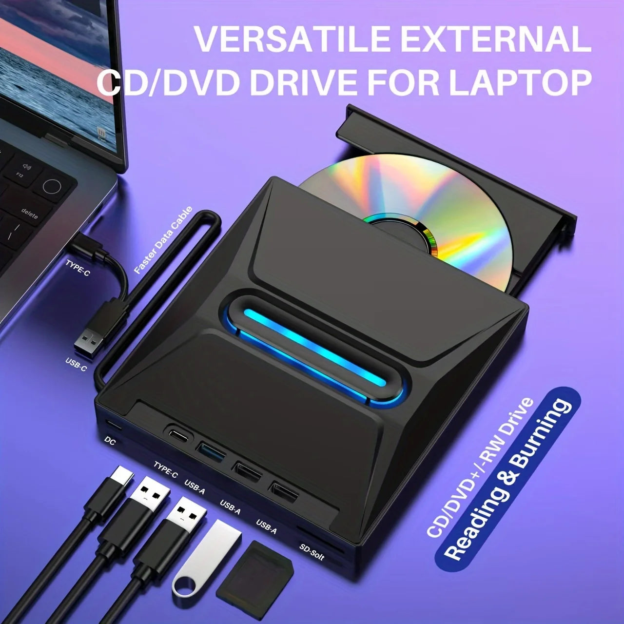 New Luminous USB 3.0 External CD DVD Drive with Reader