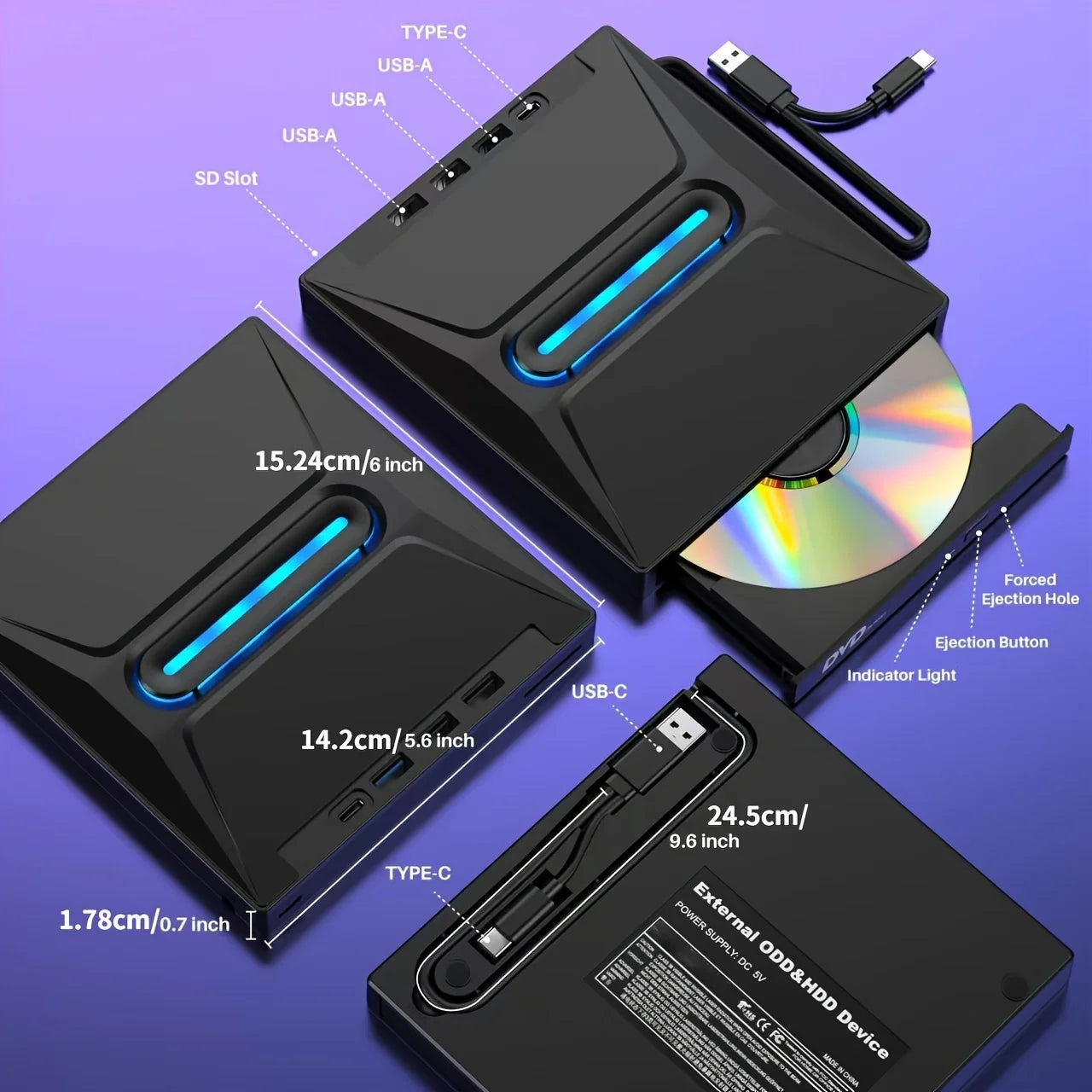New Luminous USB 3.0 External CD DVD Drive with Reader