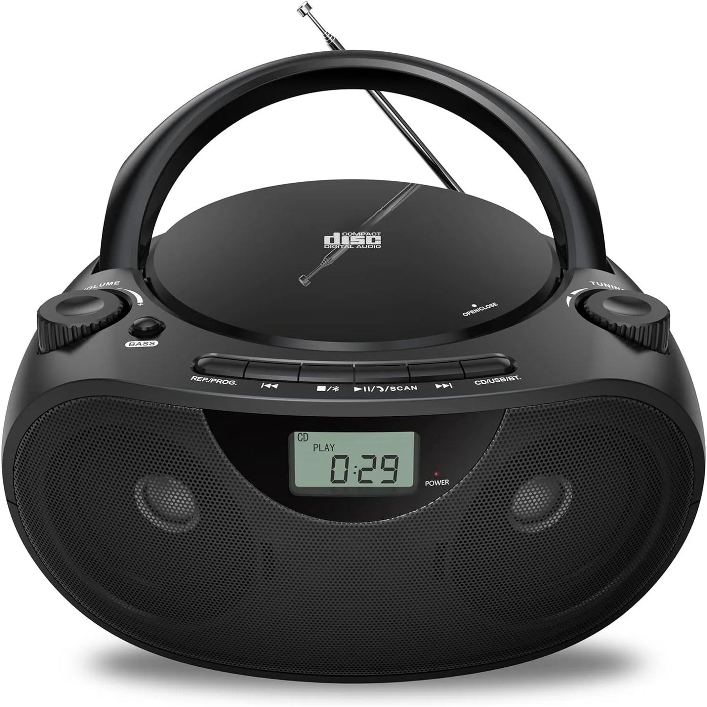 Portable Stereo CD Player Boombox with AM/FM Radio, Bluetooth, USB, AUX-in, Headphone Jack, CD-R/RW and MP3 CDs Compatible for All Music