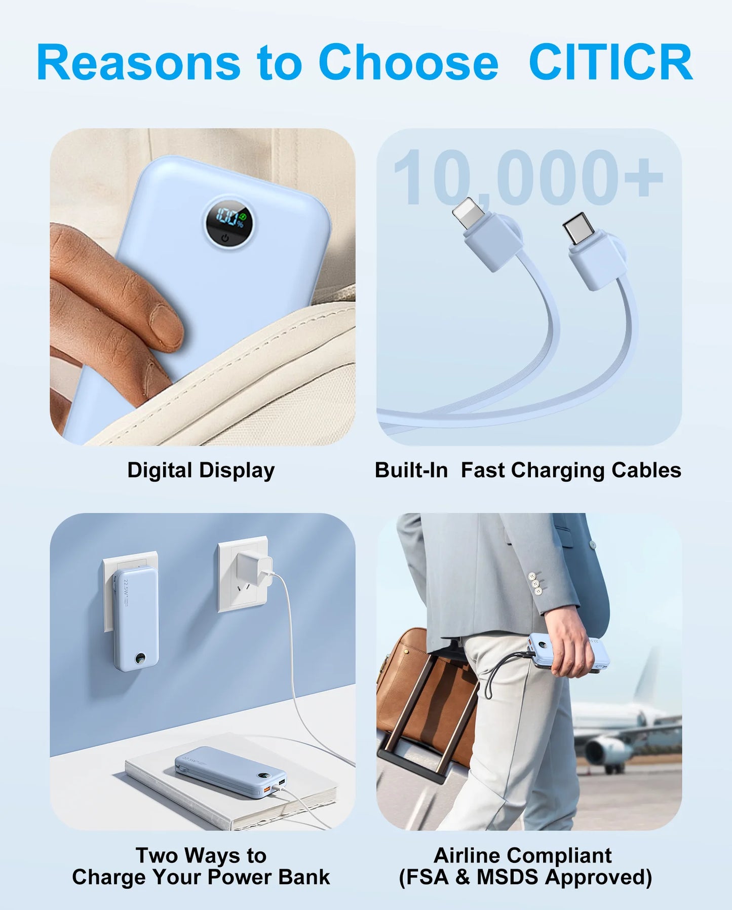 Portable 12000mAh Power Bank with Built-in Cables