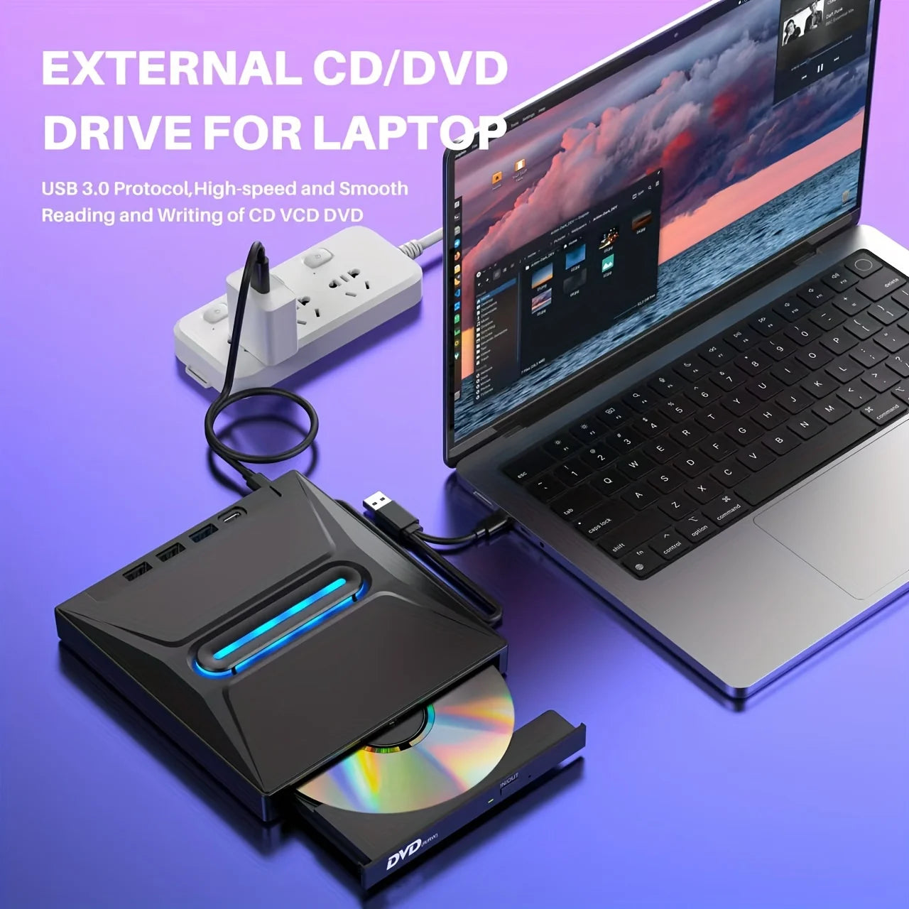 New Luminous USB 3.0 External CD DVD Drive with Reader