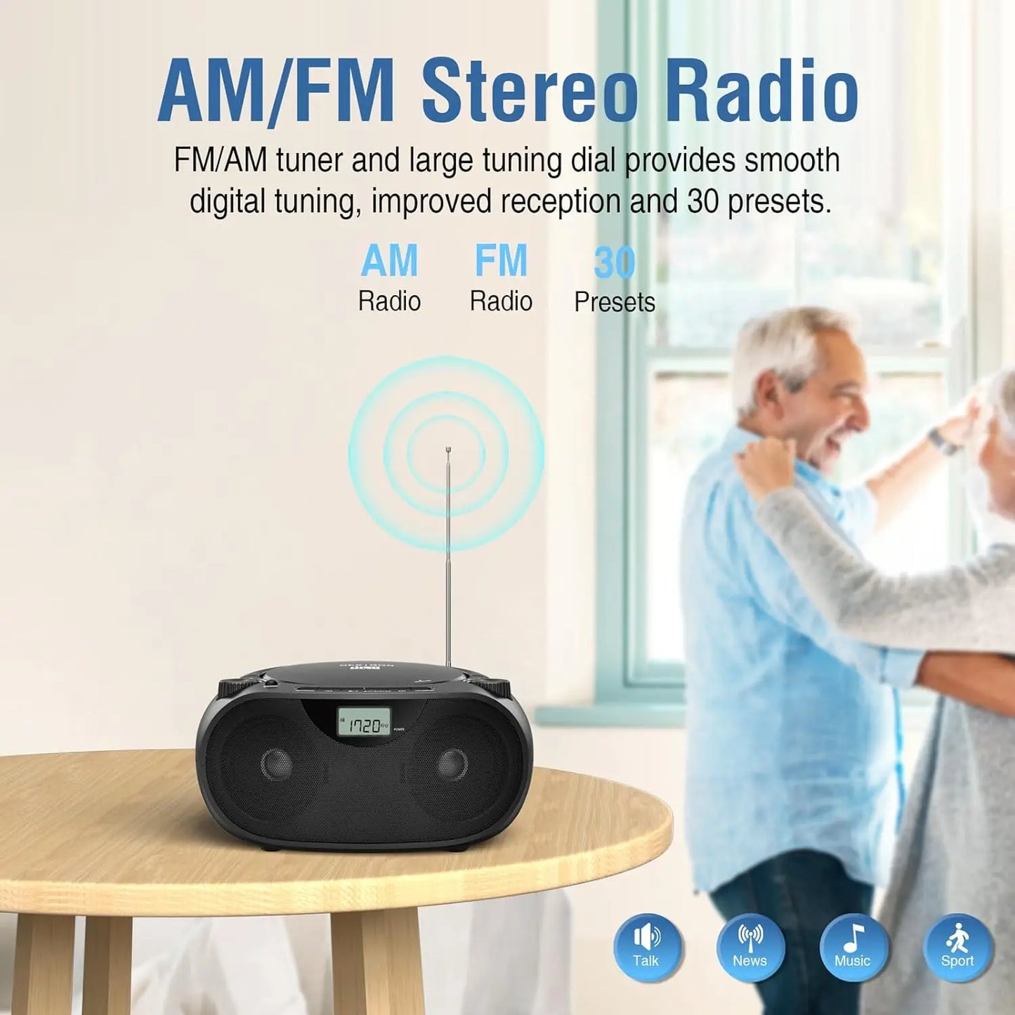 Portable Stereo CD Player Boombox with AM/FM Radio, Bluetooth, USB, AUX-in, Headphone Jack, CD-R/RW and MP3 CDs Compatible for All Music