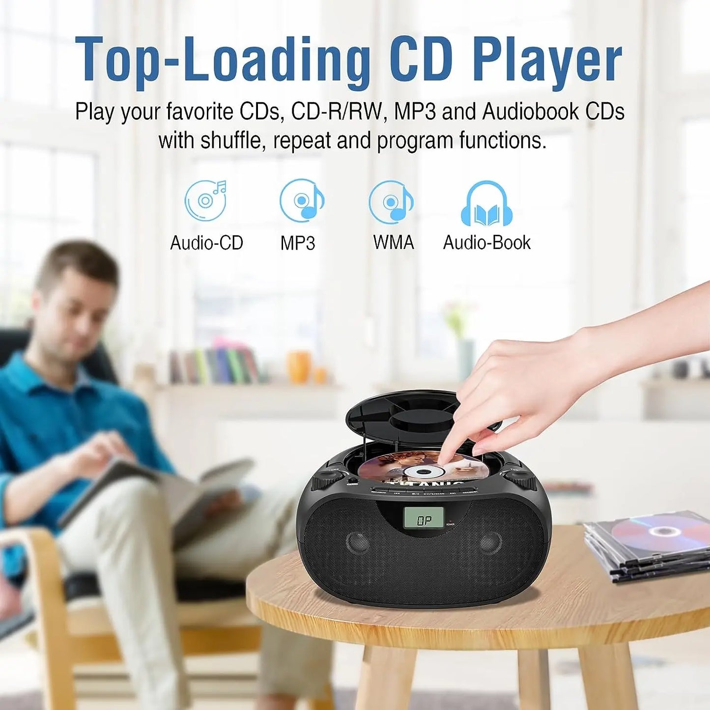 Portable Stereo CD Player Boombox with AM/FM Radio, Bluetooth, USB, AUX-in, Headphone Jack, CD-R/RW and MP3 CDs Compatible for All Music