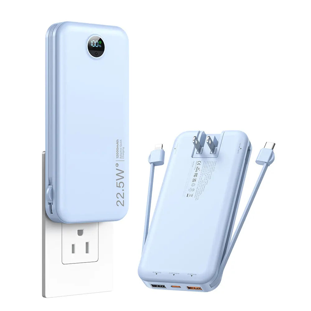 Portable 12000mAh Power Bank with Built-in Cables